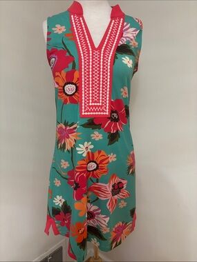 Spartina 449 Teal Floral Shift Dress with Coral Trim S